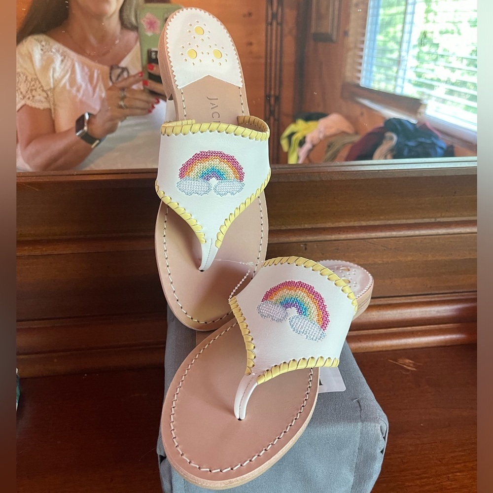 New white rainbow embroidered leather sandals sz 7 m $99 Jack rogers - Picture 2 of 8